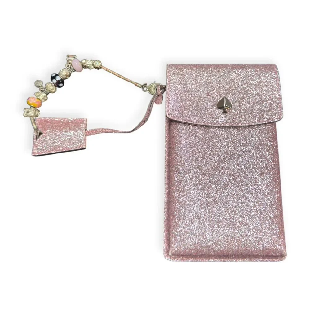 Kate Spade Rose Gold Shimmer Wallet Phone Case Wristlet‎ Charms Sparkle Boho